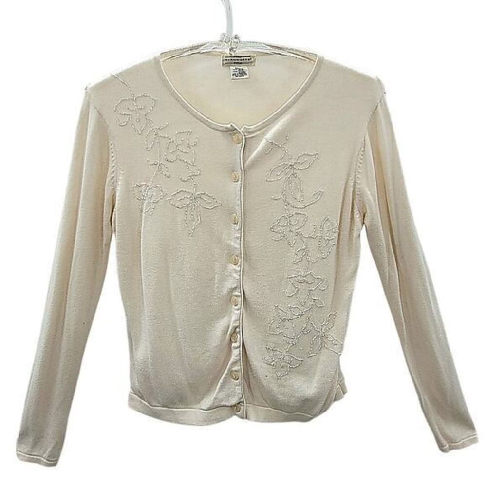 Yarn Works Vintage Cream Knit Floral Beaded‎ Cardigan Sweater Jacket